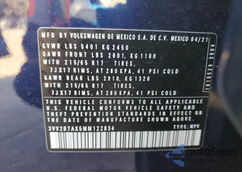 2021 Volkswagen Tiguan Se from USA, damaged, VIN 3VV2B7AX5MM122834